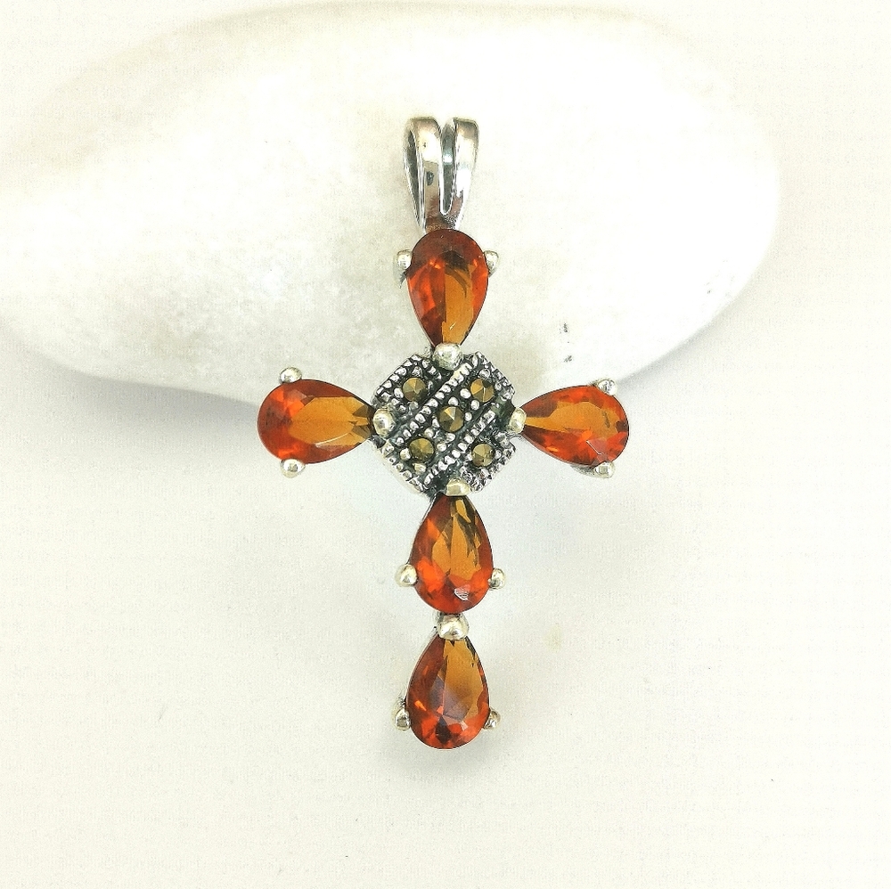 Spessartite garnet Marcasite cross pendant necklace In Sterling Silver